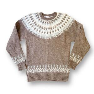 Vintage 80s Tally Ho Tan Cream Classic Fair Isle Shetland 100% Pure Wool Sweater